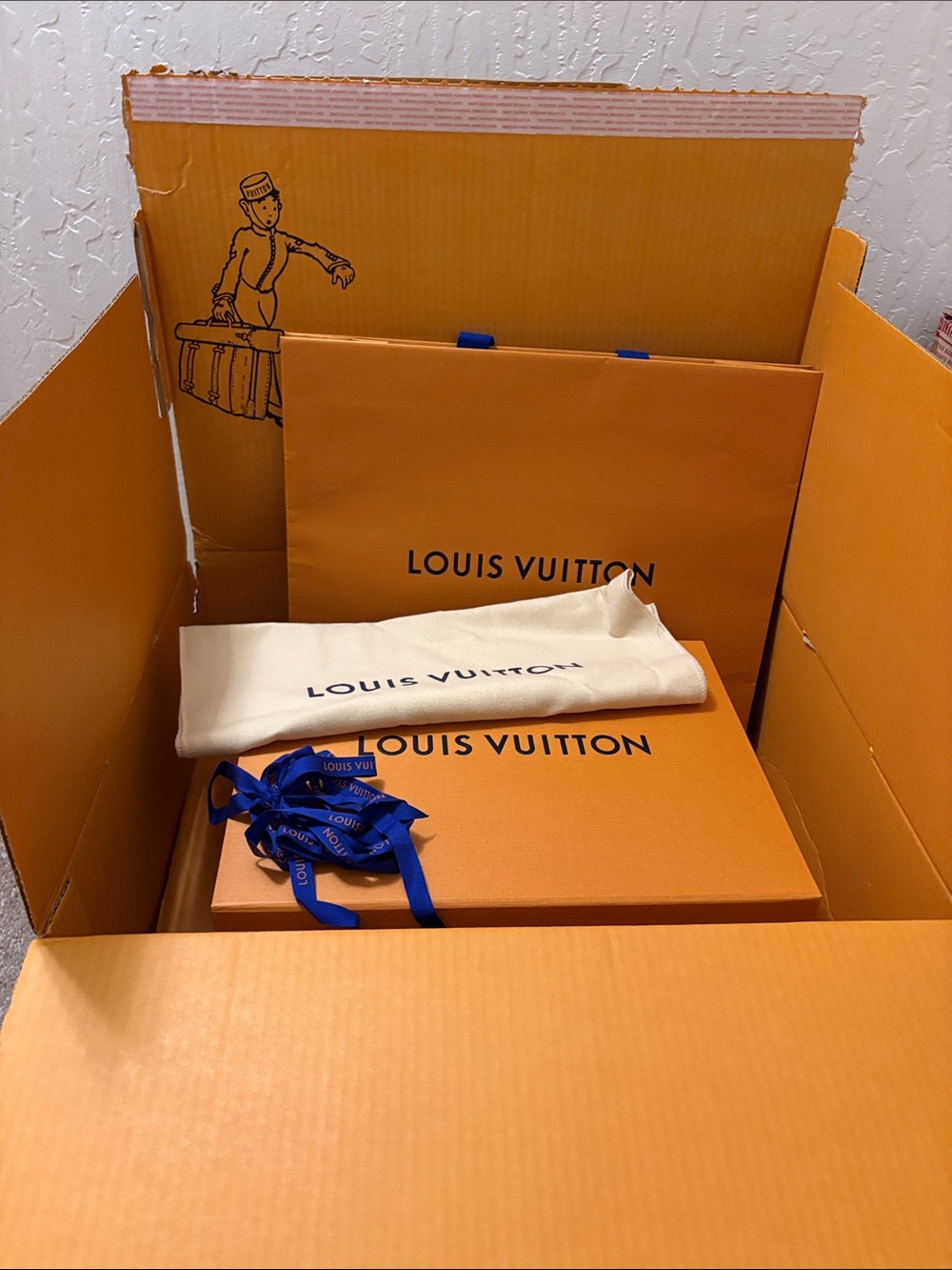 Louis Vuitton Box, Cream Dust Bag, Blue Ribbon, Bag, Shipping Box 14 x 10 x 5
